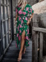 Rochie Lunga Mariza Verde Cu Model Floral Roz - imagine 4