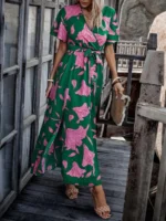 Rochie Lunga Mariza Verde Cu Model Floral Roz - imagine 5