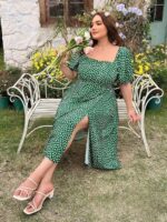 Rochie Midi Robyn Verde Cu Imprimeu Alb - Marimi Mari - imagine 3
