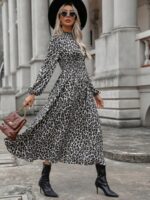 Rochie Lunga Elfride Gri Cu Imprimeu Leopard Negru