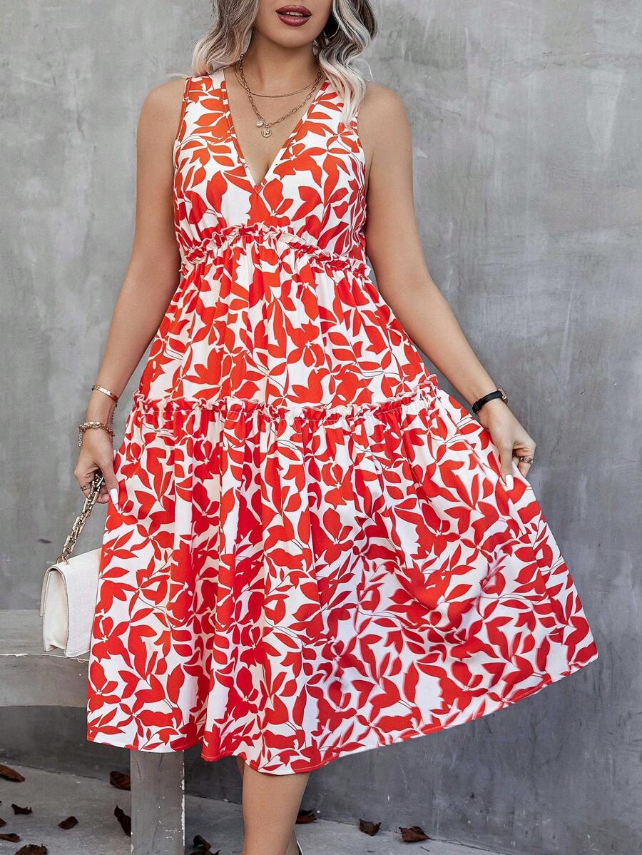 0 Rochie Midi Sally Alba Cu Model Cu Frunze Portocalii - Marimi Mari - imagine 1