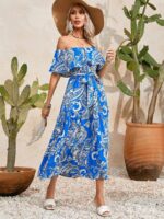Rochie Lunga Lettice Albastra Cu Model Floral Alb - imagine 3