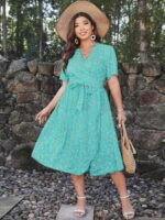 Rochie Midi Adelinda Bleu Cu Model Floral Alb - Marimi Mari - imagine 3