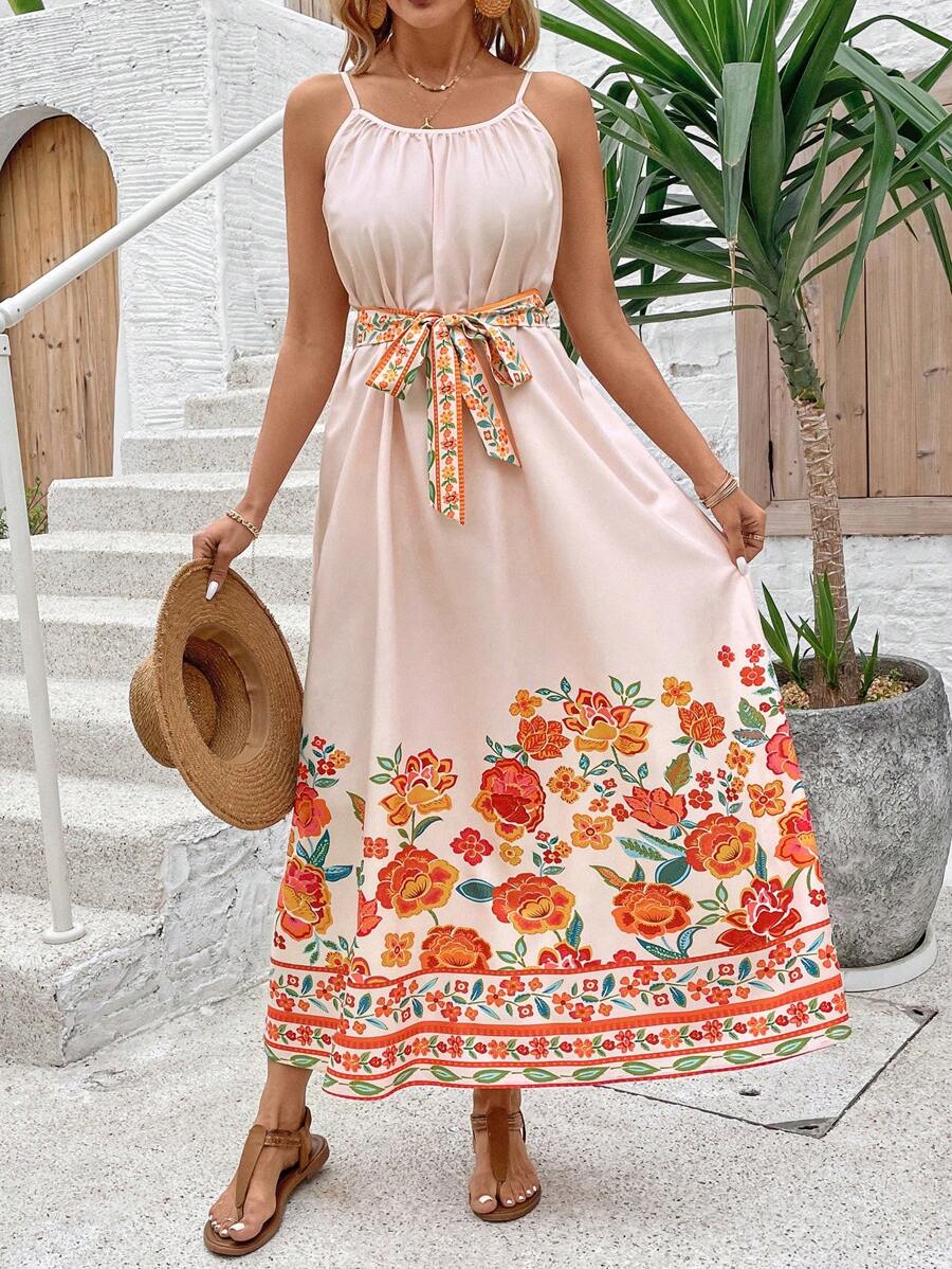 10 Rochie Lunga Risa Portocaliu Deschis Cu Model Floral - imagine 1