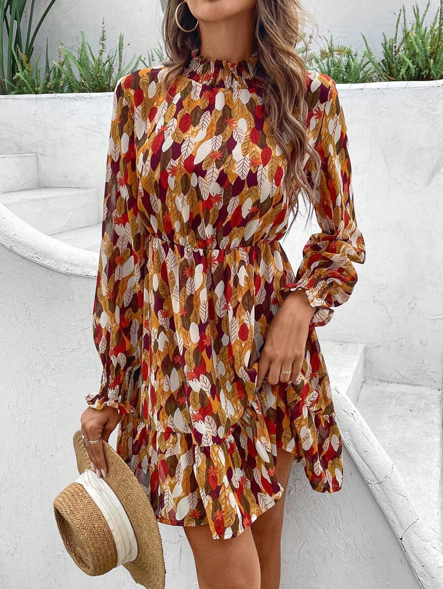10 Rochie Scurta Ilaria Cu Model Cu Frunze Multicolore - imagine 1