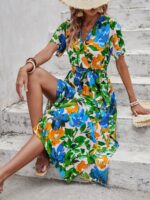 Rochie Lunga Dragomira Alba Cu Model Floral Multicolor - imagine 3