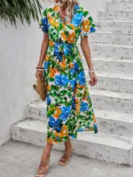 Rochie Lunga Dragomira Alba Cu Model Floral Multicolor