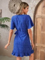 Rochie Scurta Mirasta Albastra Cu Model Floral Alb - imagine 2
