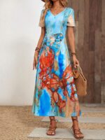 Rochie Lunga Nellie Bleu Cu Model Cu Fluturi Colorati - imagine 3