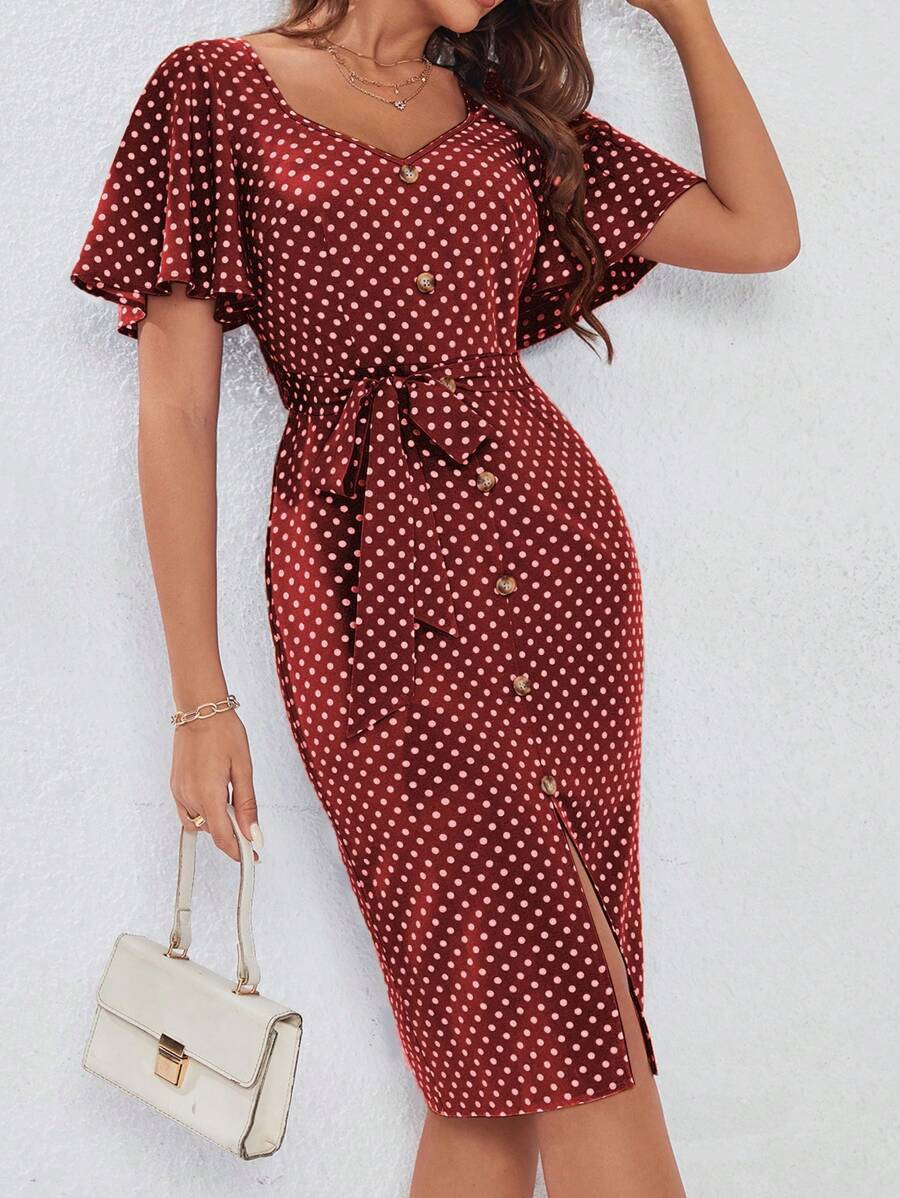 115 Rochie Midi Simsona Grena Cu Buline Albe - imagine 1