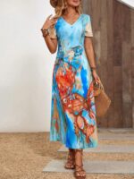 Rochie Lunga Nellie Bleu Cu Model Cu Fluturi Colorati - imagine 4