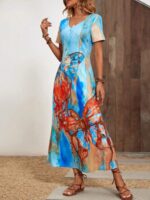 Rochie Lunga Nellie Bleu Cu Model Cu Fluturi Colorati - imagine 5