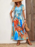 Rochie Lunga Nellie Bleu Cu Model Cu Fluturi Colorati