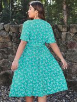 Rochie Midi Adelinda Bleu Cu Model Floral Alb - Marimi Mari - imagine 2