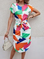 Rochie Midi Annika Alba Cu Imprimeu Geometric Multicolor