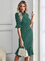 Rochie Midi Verda Verde Inchis Cu Buline Albe - imagine 3