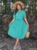 Rochie Midi Adelinda Bleu Cu Model Floral Alb - Marimi Mari - imagine 5