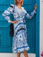 Rochie Midi Aforia Alba Cu Model Floral Albastru - imagine 5