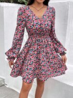 Rochie Scurta Destiny Albastra Cu Model Floral Roz