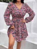 Rochie Scurta Destiny Albastra Cu Model Floral Roz - imagine 3