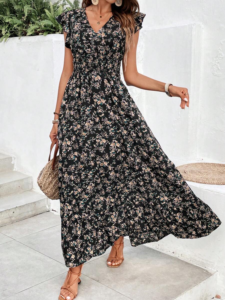 145 Rochie Lunga Elishia Neagra Inflorata - imagine 1