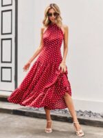 Rochie Lunga Mariola Rosie Cu Buline Albe