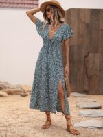 Rochie Lunga Zoey Verde Inchis Cu Model Floral Alb