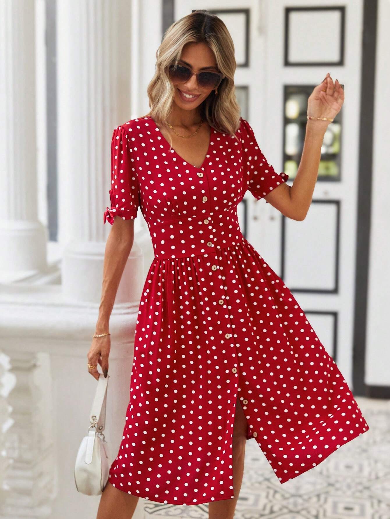 15 Rochie Midi Tyna Rosie Cu Buline Albe - imagine 1