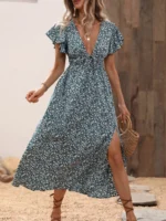 Rochie Lunga Zoey Verde Inchis Cu Model Floral Alb - imagine 3