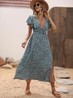 Rochie Lunga Zoey Verde Inchis Cu Model Floral Alb - imagine 4