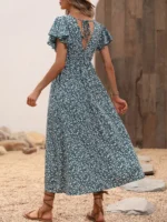 Rochie Lunga Zoey Verde Inchis Cu Model Floral Alb - imagine 2