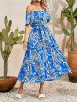 Rochie Lunga Lettice Albastra Cu Model Floral Alb - imagine 5