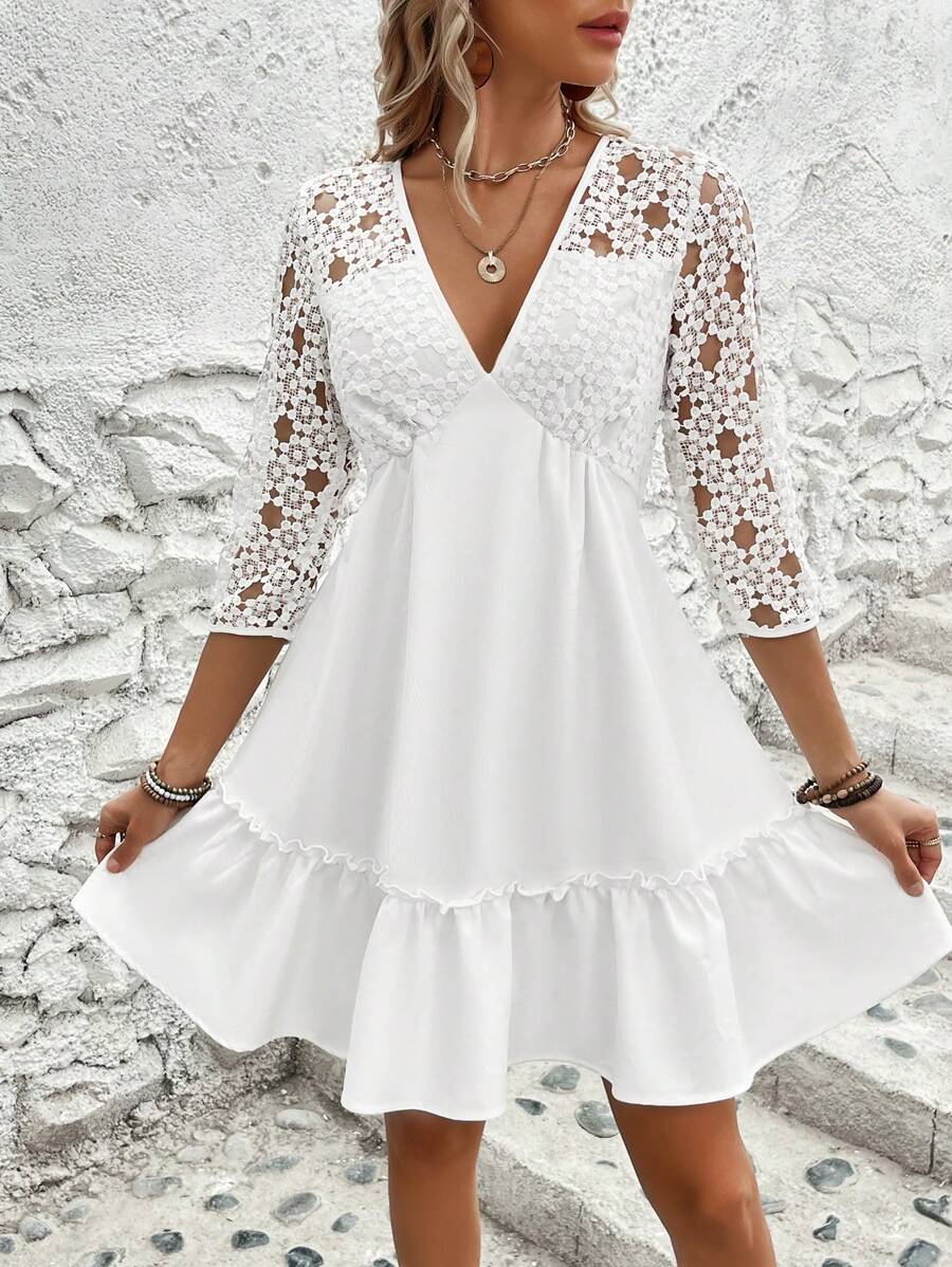 20 Rochie Scurta Amarisa Alba Cu Maneci Din Dantela - imagine 1