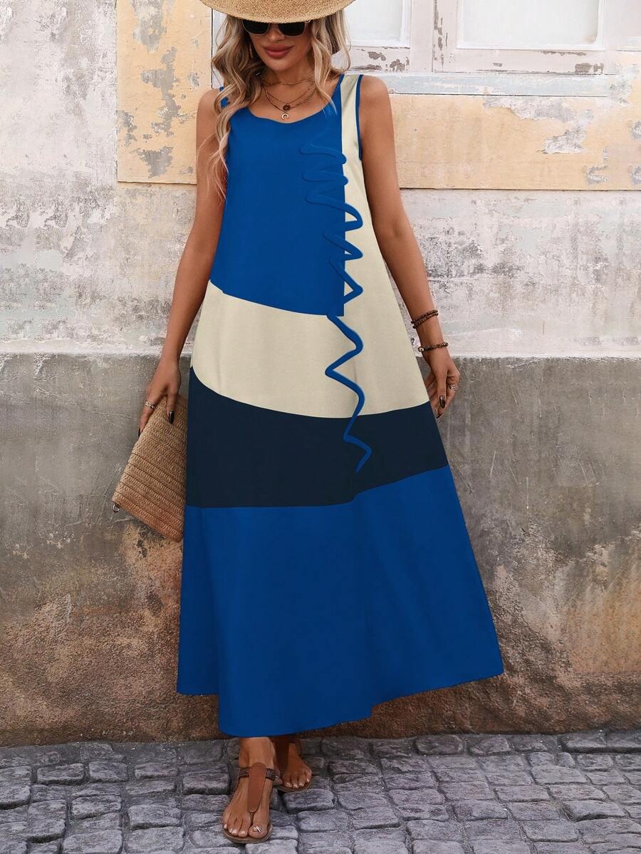 3 Rochie Lunga Sandra Albastra cu Print Geometric - imagine 1