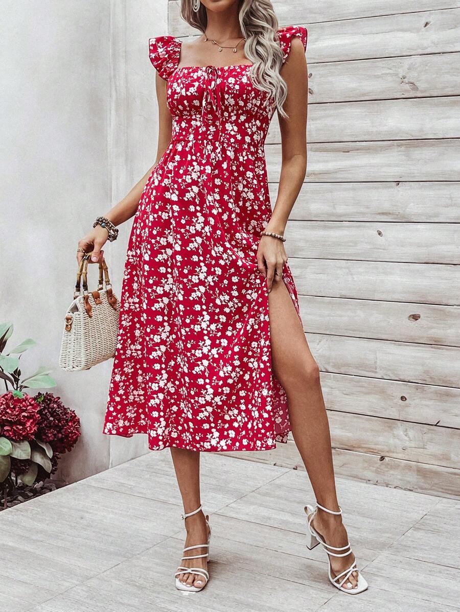 30 Rochie Midi Sandra Rosie Cu Model Floral Alb - imagine 1