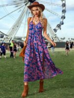 Rochie Lunga Olive Albastra Cu Model Floral Roz - imagine 3