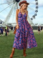 Rochie Lunga Olive Albastra Cu Model Floral Roz - imagine 4