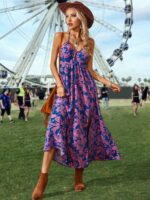 Rochie Lunga Olive Albastra Cu Model Floral Roz - imagine 5