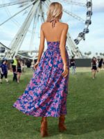 Rochie Lunga Olive Albastra Cu Model Floral Roz - imagine 2