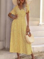Rochie Lunga Celeus Galbena cu Print Floral Alb