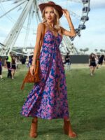 Rochie Lunga Olive Albastra Cu Model Floral Roz