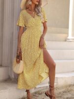 Rochie Lunga Celeus Galbena cu Print Floral Alb - imagine 3