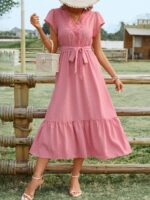 Rochie Lunga Rebeka Roz Cu Cordon
