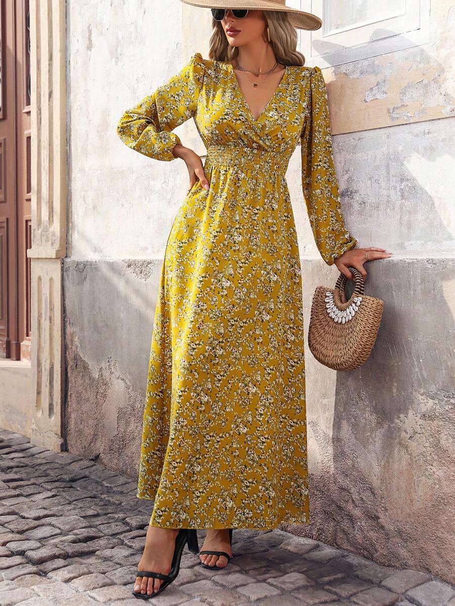 35 Rochie Lunga Velia Galbena Inflorata - imagine 1