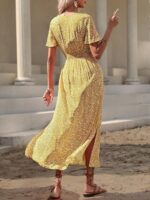 Rochie Lunga Celeus Galbena cu Print Floral Alb - imagine 2