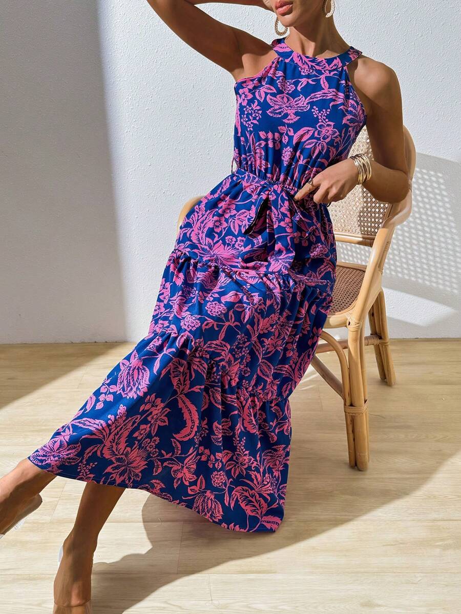 36-6 Rochie Lunga Toresa Albastra Cu Model Floral Roz - imagine 1