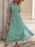 Rochie Lunga Dariana Verde cu Print Floral Alb