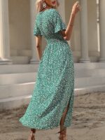 Rochie Lunga Dariana Verde cu Print Floral Alb - imagine 2