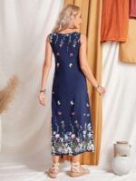 Rochie Lunga Patricia Bleumarin Cu Model Cu Fluturi Colorati - imagine 2