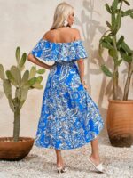 Rochie Lunga Lettice Albastra Cu Model Floral Alb - imagine 2
